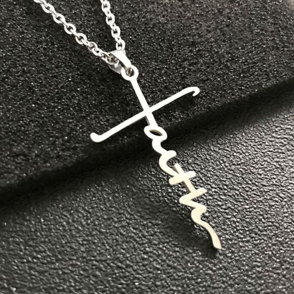 SILVER STAINLESS STEEL FAITH CROSS INSPIRATIONAL NECKLACE - Picture 2 of 4